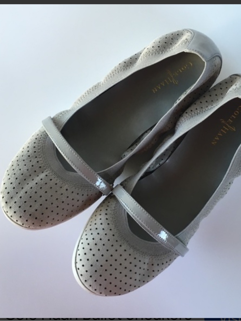 Cole Haan Light Gray Perforated Mary Jane Flats with Patent Strap
